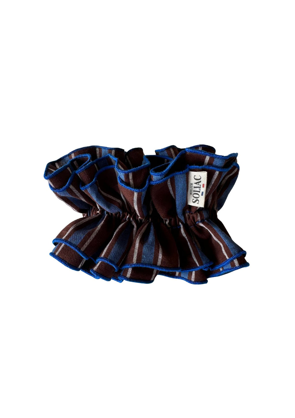 Chouchou double volant - Double Rayures marron, bleu et blanc