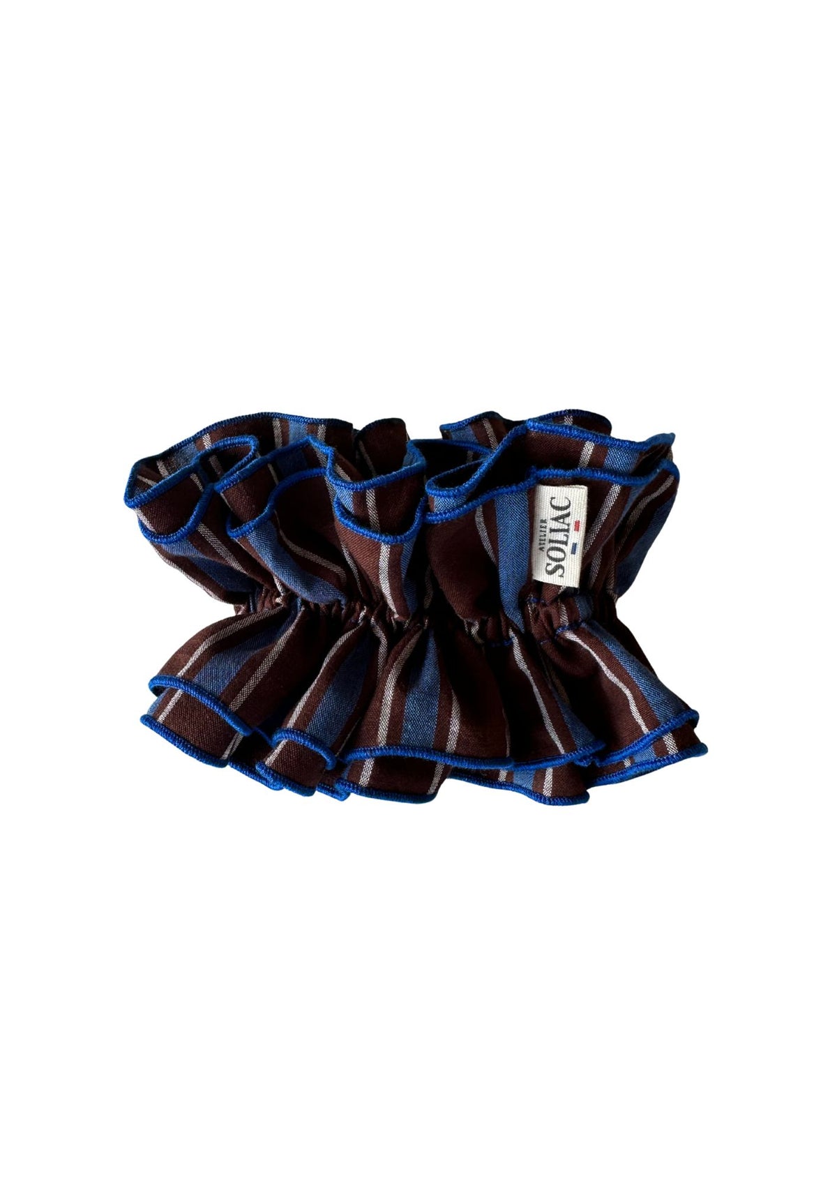 Chouchou double volant - Double Rayures marron, bleu et blanc