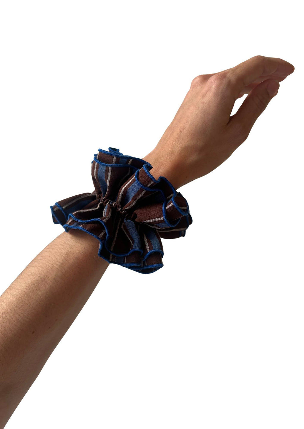 Chouchou double volant - Double Rayures marron, bleu et blanc