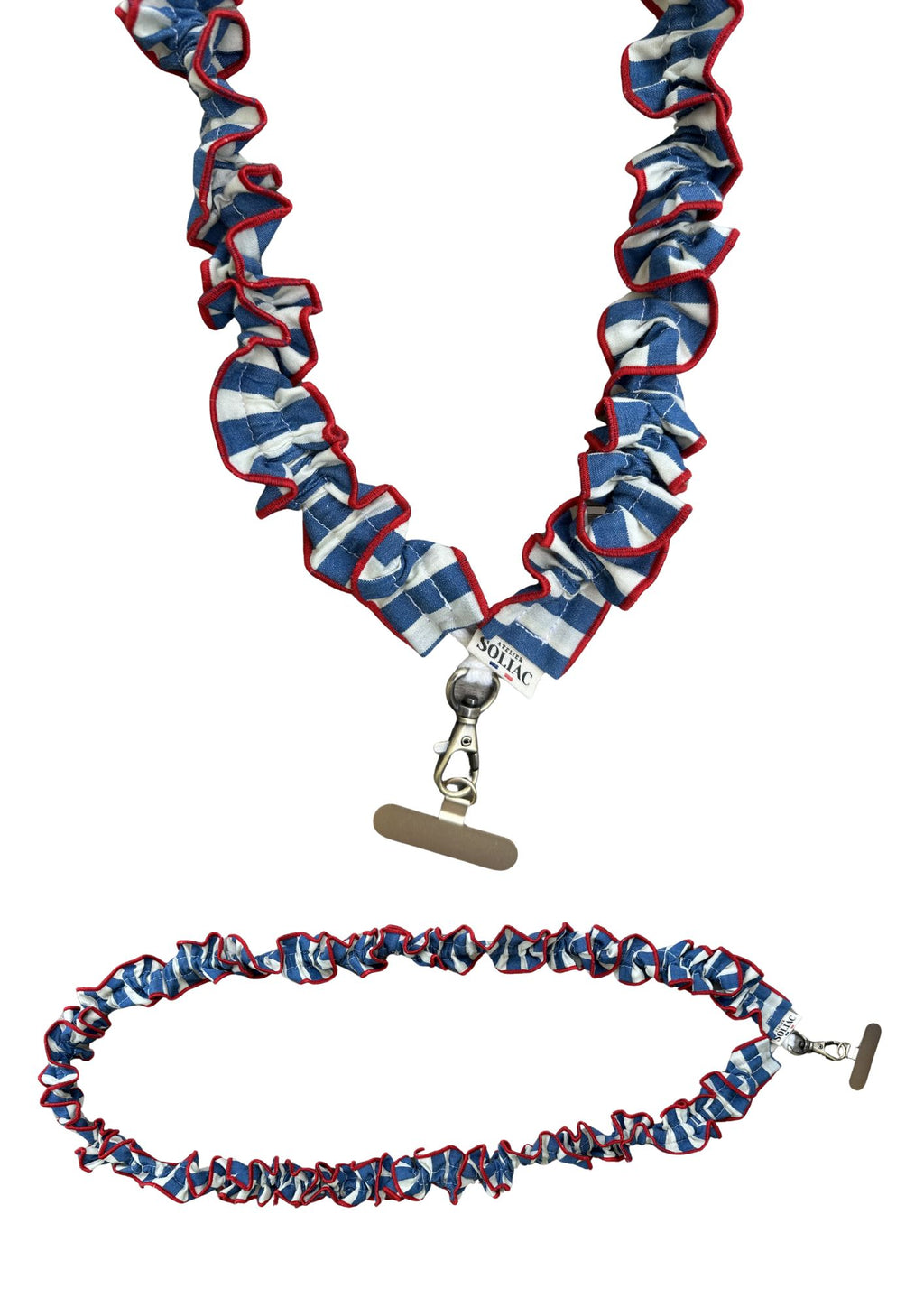 Cordon de téléphone - Froufrou rayures Bleu et blanc Bord rouge